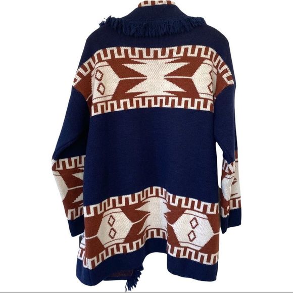 NWT COCOGIO MADE IN ITALY WOOL BLEND AZTEC BOHEMIAN FRINGED LONGLINE SWEATER M - Picture 8 of 8